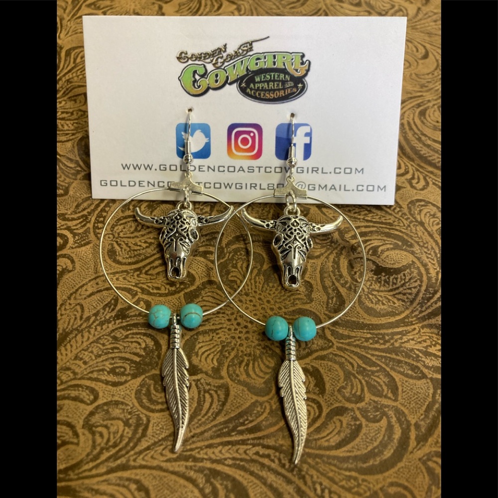 Silver tone hoops with Bull Skull and feathers